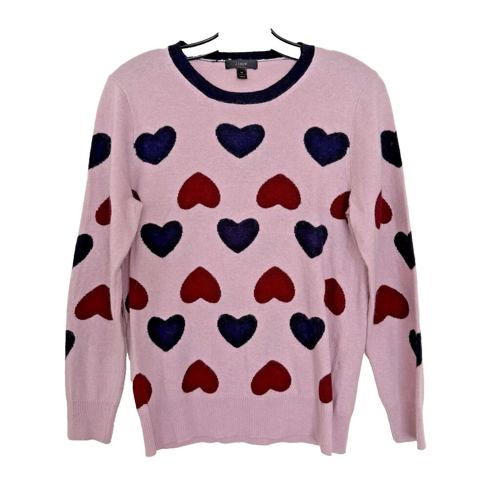 J.Crew Teddie Sweater Lavender Red Black Hearts Women’s Size Medium Preppy Love